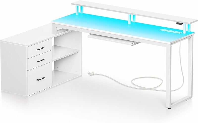 서랍과 전원 콘센트가 있는 컴퓨터 책상, 흰색 가역 L자형 책상, LED 스트립 및 키보드 트레이, 55 인치 Ho
