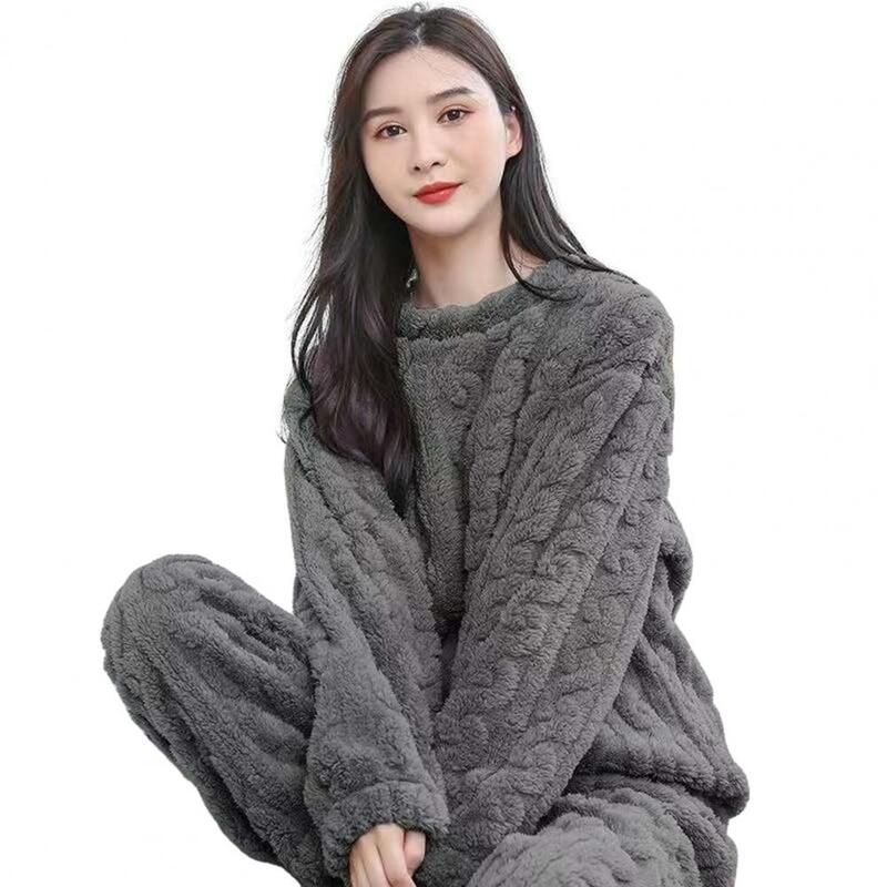2Pcs/Set Winter Women Pajamas Set Fleece Thick Plush Tops Solid Color Wide Leg Pants Pajama Women Sleeping Set Lounge