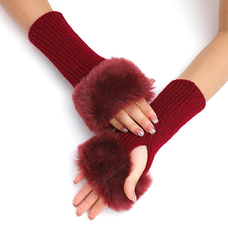 Sarung tangan wanita, mode wanita berbulu warna Solid bulu palsu rajut layar sentuh penghangat lengan hangat wol setengah jari musim dingin