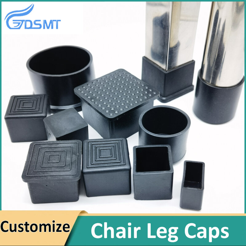 Tapas de goma para patas de silla, protectores de suelo antideslizantes, tapones de tubo, cuadrados o rectangulares, color negro