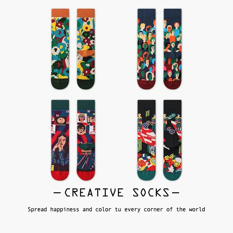 New French head couple in tube jacquard cartoon socks personality street sports cotton socks trendy women's socks