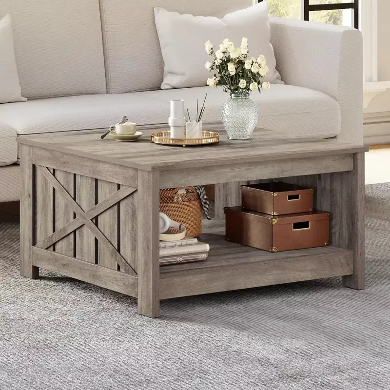 Couch tisch mit Stauraum für Wohnzimmer Bauernhaus Holz Couch tisch, rustikaler quadratischer Couch tisch Wohnzimmer Tagungsraum, rustikales Grau