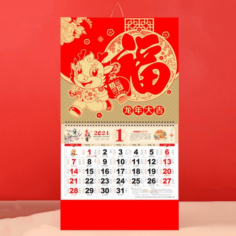 Ano novo chinês do dragão parede calendário, uso familiar, Lunar bobina página virando, ornamentais pendurados para casa, 2024