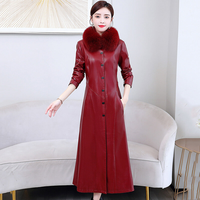 Size M-7XL New Women Leather Coat Autumn Winter 2023 Fashion Fox Fur Collar Plus Cotton Liner Thick Long Slim Leather Jacket