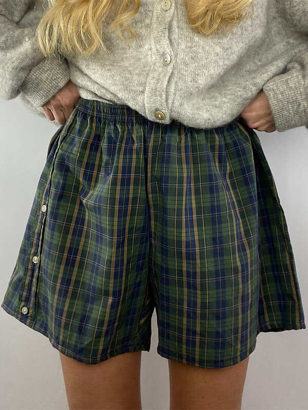 Женские уютные клетчатые шорты, удобные Пижамные шорты с широкими штанинами и эластичной резинкой, мягкие короткие штаны для женщин, Пляжная уличная одежда Y2K 00s