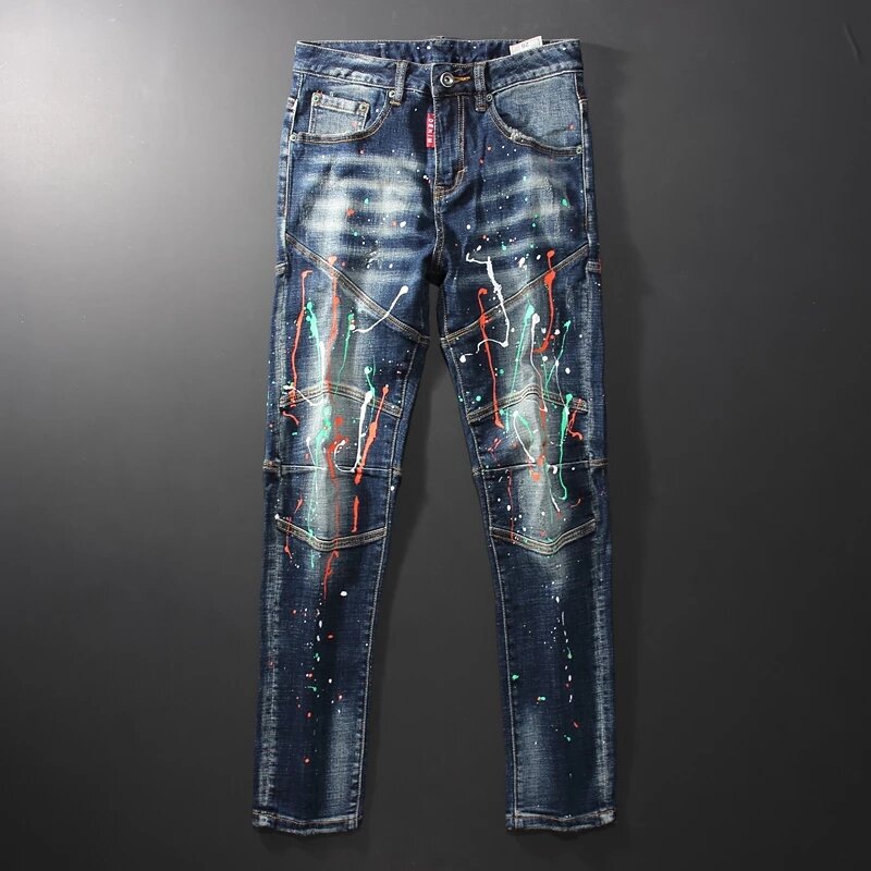 Pantalones vaqueros de moda para hombre, Jeans Retro azul oscuro, elásticos, ajustados, rasgados, de motorista, pintados, de diseñador, Hip Hop