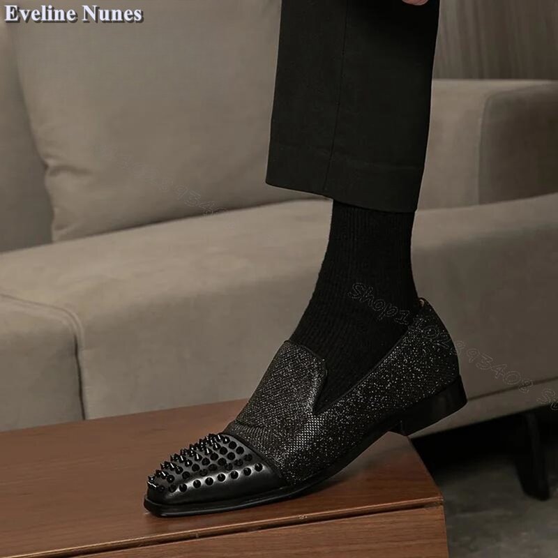الرجال الأسود الربط برشام ديكور الأحذية ، مريحة الانزلاق على المتسكعون ، الربيع فستان أحذية ، حجم كبير ، 38-48