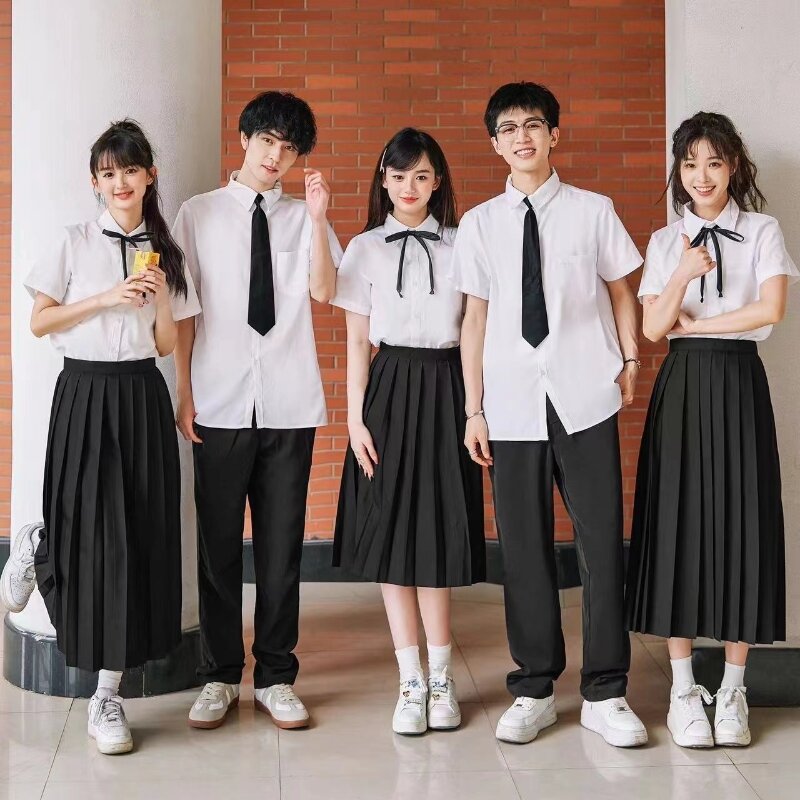 Ebaihui Zomer Preppy Stijl Japans Uniform Shirt Jk Geplooide Rok Set Blouse Dames Top Met Korte Mouwen