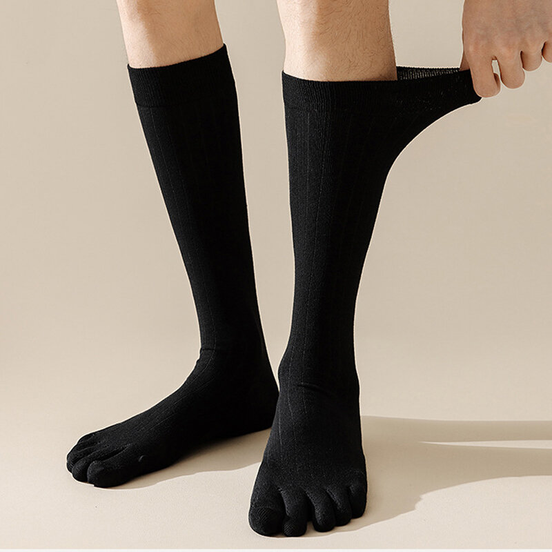 4 Pairs Men Toe Socks Long Cotton Solid Simple Business Party Dress Stockings Gentleman Breathable 5 Finger Socks Calf 4 Seasons