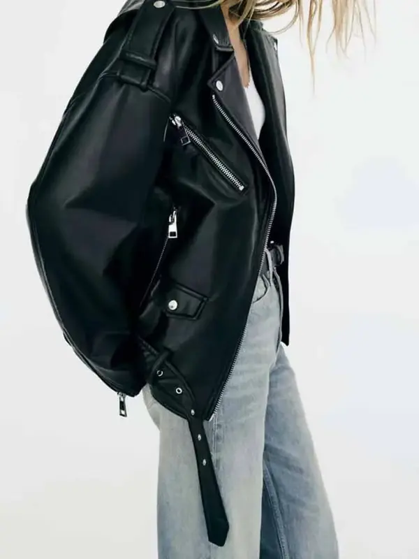 22 Women 2023 New Fashion With belt Loose Faux leather Locomotive style Jacket Coat Vintage Long Sleeve Female Outerwear Chic