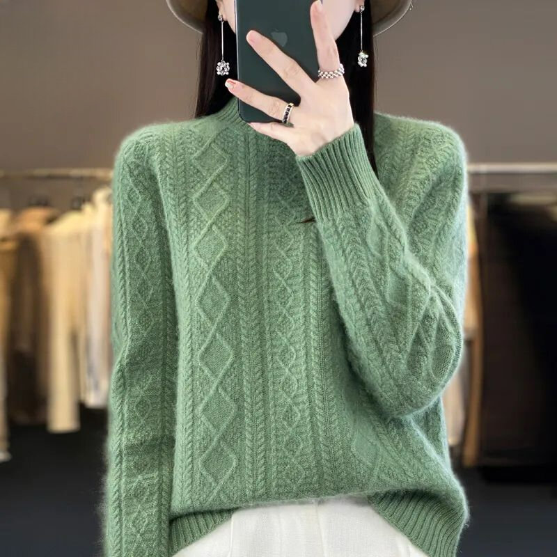 Diamond-shaped Twisted Flower Knitted Sweater Keep Warm Bottoming Shirt Women's Semi-turtleneck Autumn Winter Thickened Pullover