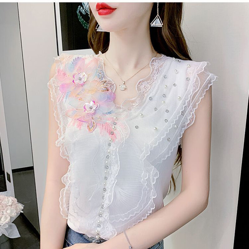 Modna gaza marszczona diamenty z koralikami bluzki bez rękawów odzież damska 2024 letnich nowych luźny, dzianinowy topy w koreańskim stylu słodkie koszule