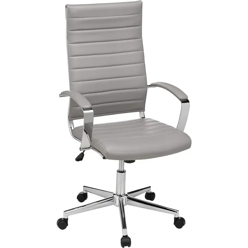 Krzesło biurowe z wysokim oparciem, executive obrotowe, prążkowana tapicerka, stabilizator lędźwiowy, współczesny styl, szerokie szare