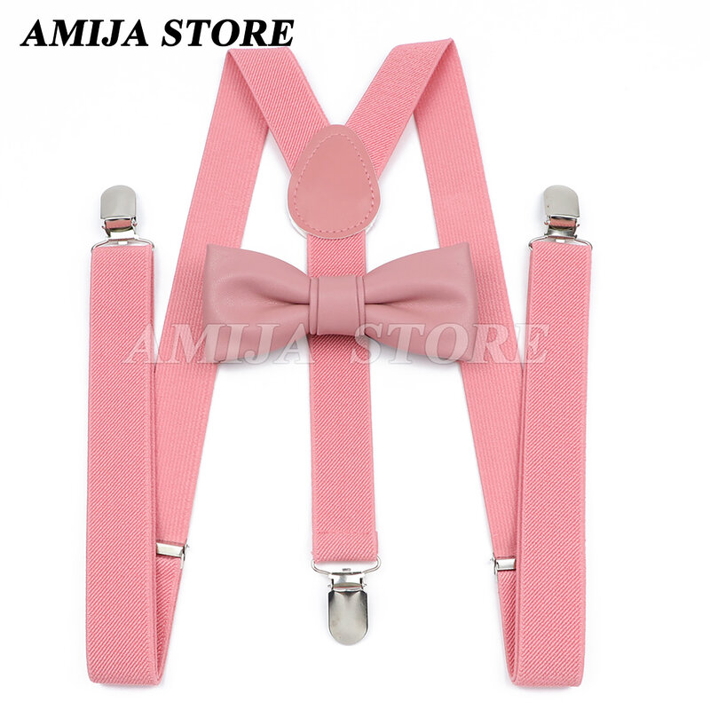 Fashion Unisex Suspender Set Soild Color Braces With PU Leather Bowtie Clip-on Elastic Y-back Mens Straps Butterfly Party Gift