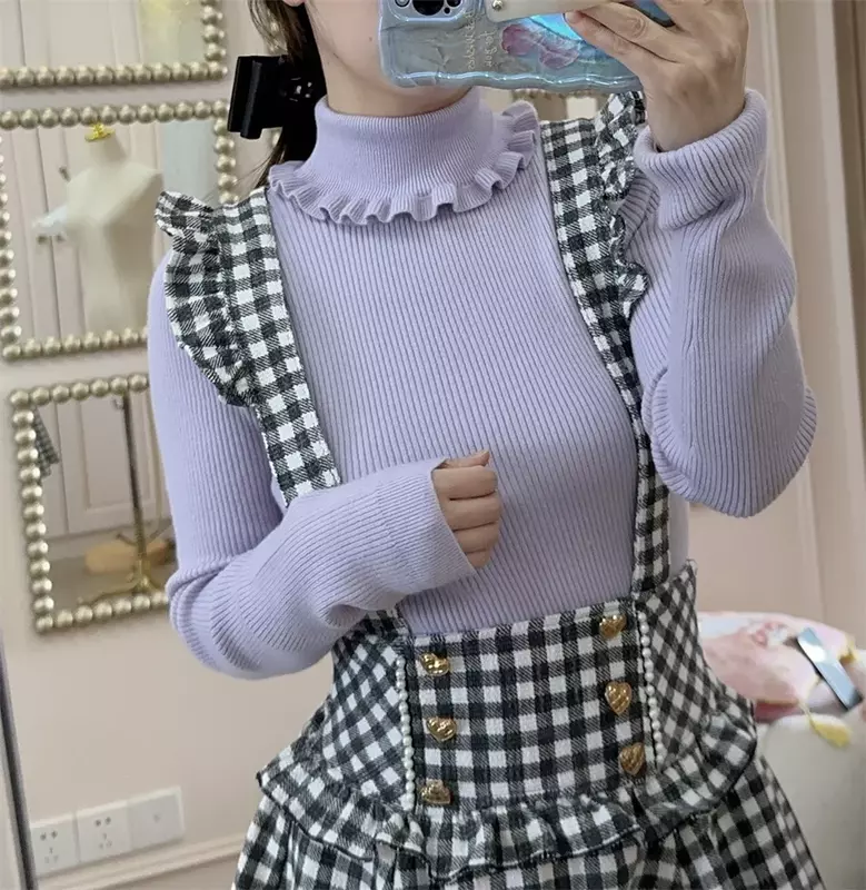 Lolita-suéter de cuello alto con orejas de madera suave para mujer, ropa interior de Color sólido, camisa de fondo japonesa dulce, solapa superior