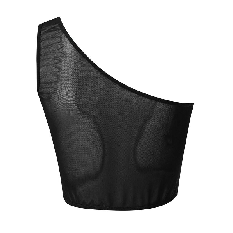 Сексуальный черный женский топ без рукавов из прозрачной сетки, рубашка на одно плечо, уличные футболки, тонкие прозрачные укороченные топы