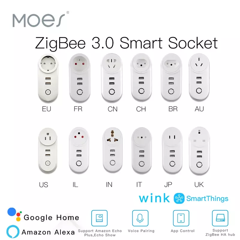 ZigBee 3.0 Smart Socket Plug, 2 Interface USB, Controle Remoto de Voz, Funciona com SmartThings, Work Echo Plus e Mais Zigbee Hub