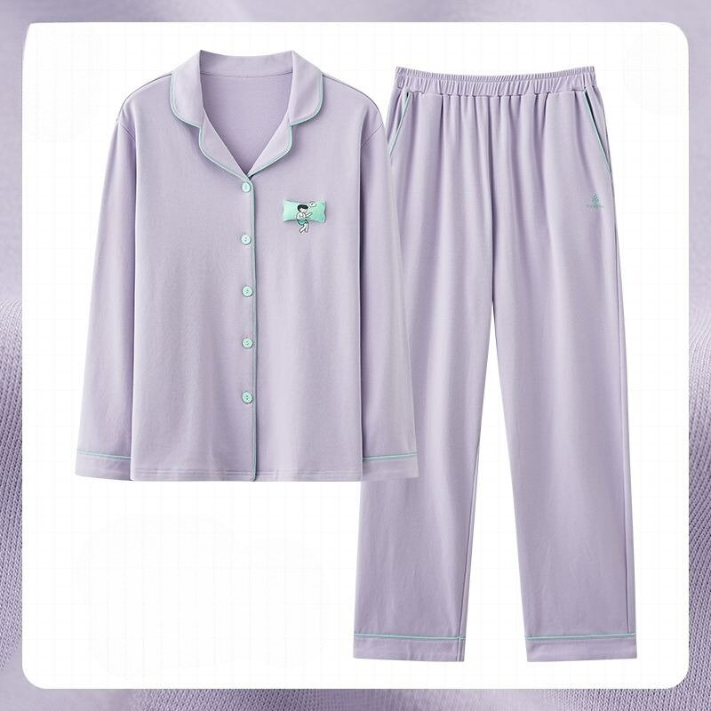 2024 New Spring Autumn Pajamas Pure Cotton Long Sleeve Simple Large Size Ladies Home Leisure Suit Women Fashion Sleepwear Set