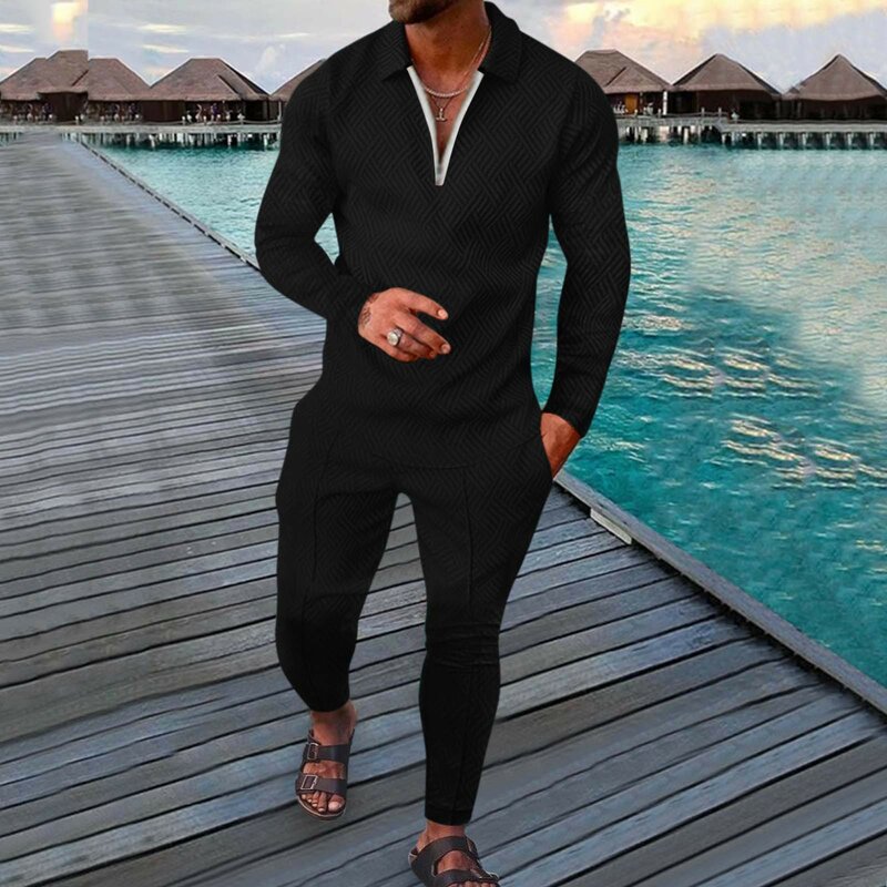 Men'S Casual Striped Print Two Piece Suit Zipper Collar Long Sleeve Top Blouse Solid Color Sweatsuit Drawstring Pocket Pants Set