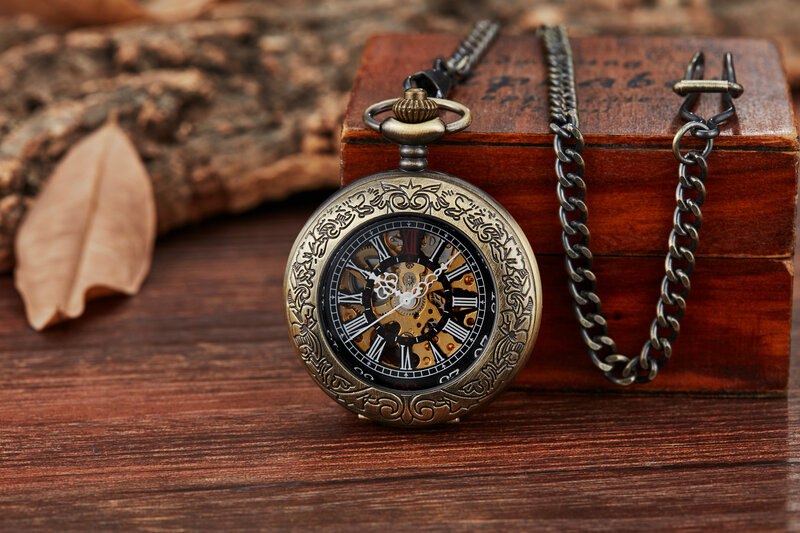 Mystical Bronze Dial Mechanical Pocket Watch Transparent Hunter White Arabic Numerals Display Hand Winding Pocket Watch for Men