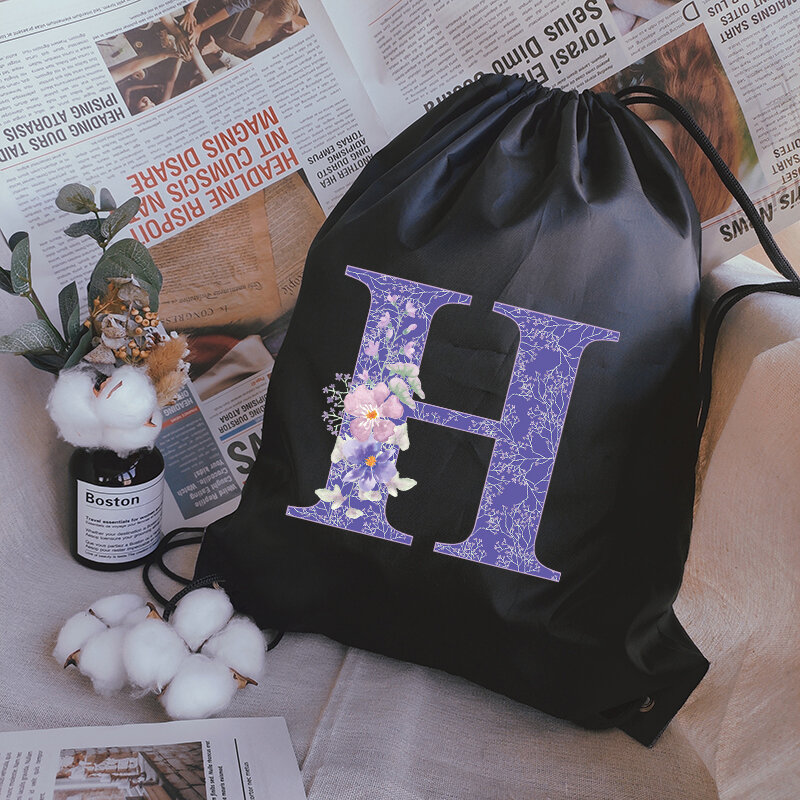 Męskie torby sportowe fioletowy list drukuj torba ze sznurkiem panie worek do przechowywania moda torby na zakupy nastolatek chłopcy plecak dla dziewcząt Bookbag