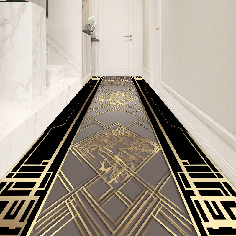 Tapete longo do corredor antiderrapante de luxo, corredor de corredor europeu e americano, tapete lavável, tapete personalizado, ouro preto