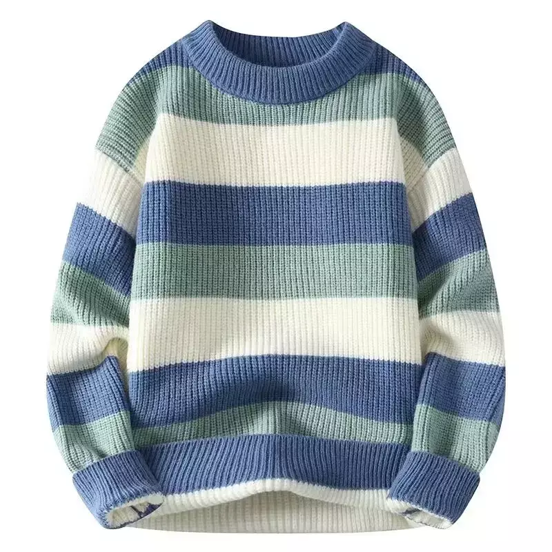 Crewneck sweater men's new autumn and winter fashion brand striped bottom shirt loose handsome boys knit sweater men