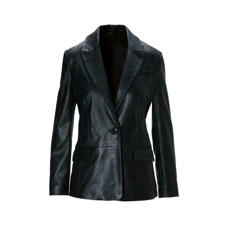 Abrigo de traje de cuero negro para mujer, piel de oveja suave verdadera, moda superventas, tendencia de moda europea y americana