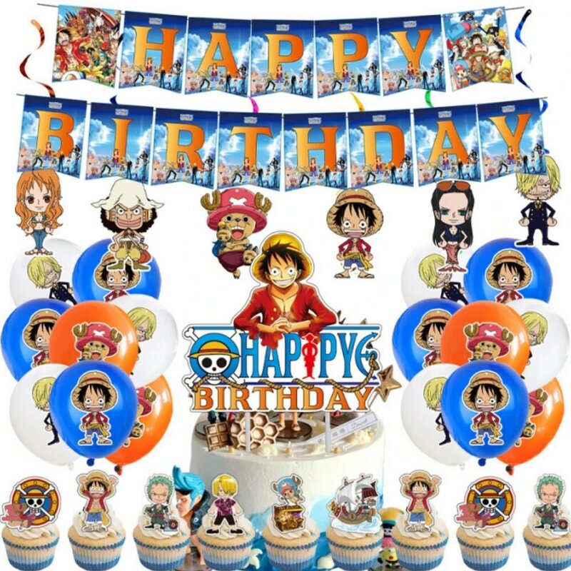 Decoración de cumpleaños de una pieza, globos de Anime Luffy Zoro, vajilla, bandera, sombrero, telones de fondo, suministros de fiesta para niños, juguete de regalo