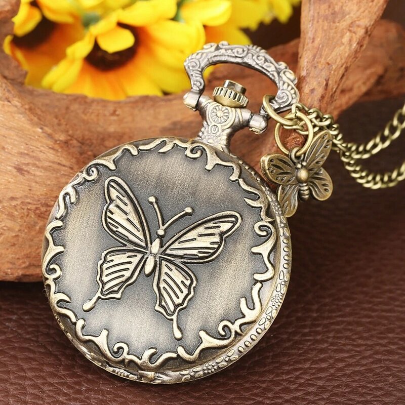 Retro Antike 3D Schmetterling Design Quarz Taschenuhr Kette Steampunk Halskette Anhänger Fob Kette Uhr mit Schmetterling Zubehör