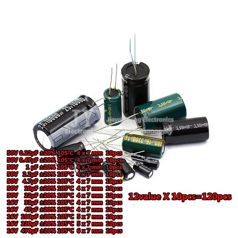 120 pces 1 conjunto de 12 valores x 10 pces = 120 pces 0.22uf-470uf alumínio capacitor eletrolítico variedade kit conjunto pacote