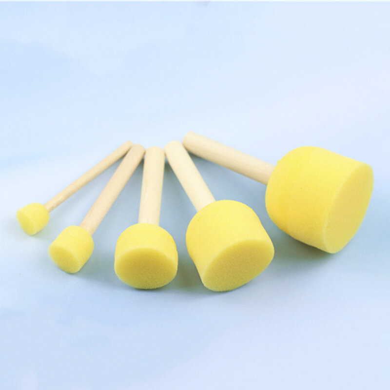 5pcs/set Sponge Foam Brush Set Wooden Handle Stamp Painting Tool DIY Crafts for Kids Beginners Art Supplies Home Education Toy