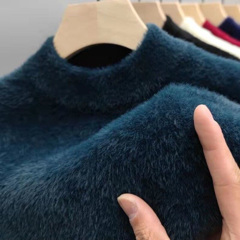 Jersey de manga larga para hombre, suéter suave y cálido con cuello simulado, suéter de lana fina de Color sólido, suéteres casuales sueltos gruesos y cálidos, nuevo