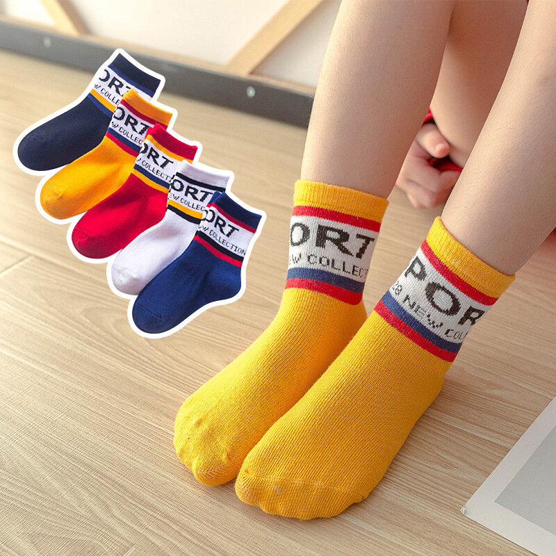 New spring and summer children's socks for boys and girls. Medium tube printed socks for kids. Medium and large casual socks for