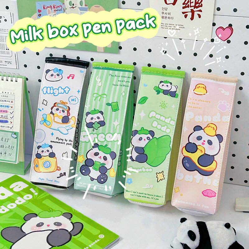 Cute Panda Pen Bag Milk Carton Pencil Case PU Cosmetic Pouch Lipstick Storage Box Stationery Organizer Container