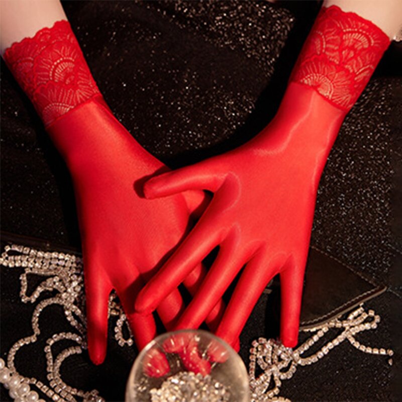 Krótkie przezroczysty, transparentny rękawiczki damskie siateczkowa koronka błyszcząca bezszwowa mitenki