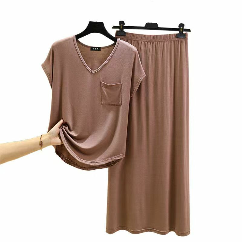 Camiseta de algodón de manga corta con cuello en V para mujer, falda larga informal, 2 conjuntos, camisa de Base suelta, media falda Simple de Color sólido