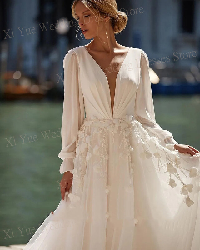 Sexy Deep V Neck Wedding Dresses Modern A Line Lace 3D Flower Bride Gowns Long Sleeves Sweep Train Backless Vestidos De Novia