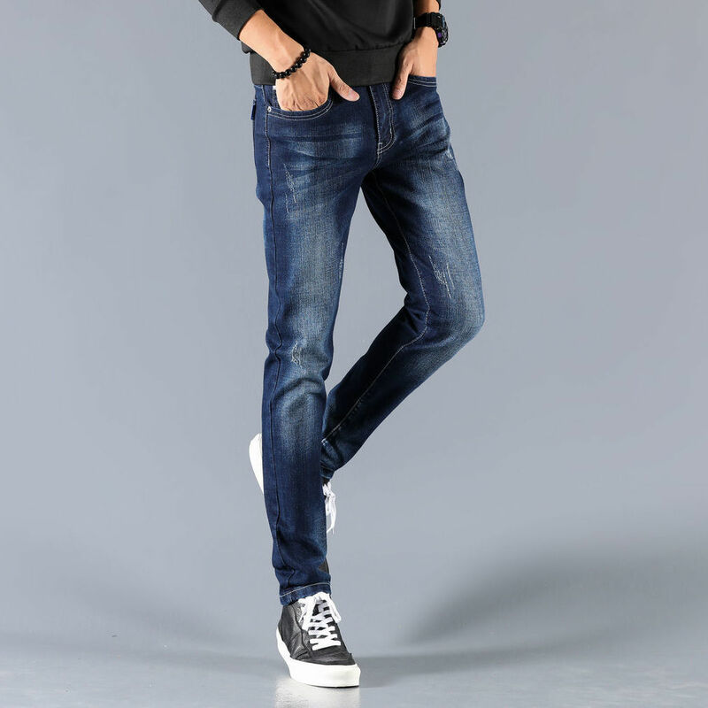Jeans slim fit masculino, vaqueiro rasgado, jeans skinny stretch azul, moda casual, moda de luxo, coreano, primavera, outono