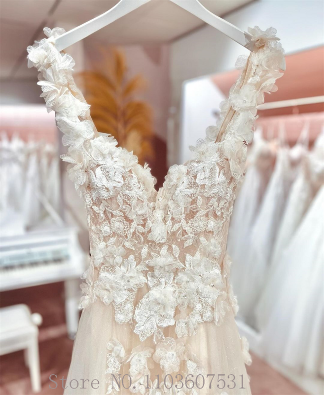 Vestido de novia de tul con tirantes finos y cuello en V para mujer, apliques florales, corte en A, vestido de novia de lujo