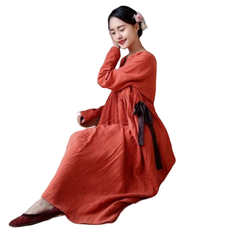 2024 Nouveau automne femmes coton lin décontracté vintage robe confortable doux printemps longue maxi robe, grande taille vestiEducational M-5XL 6XL