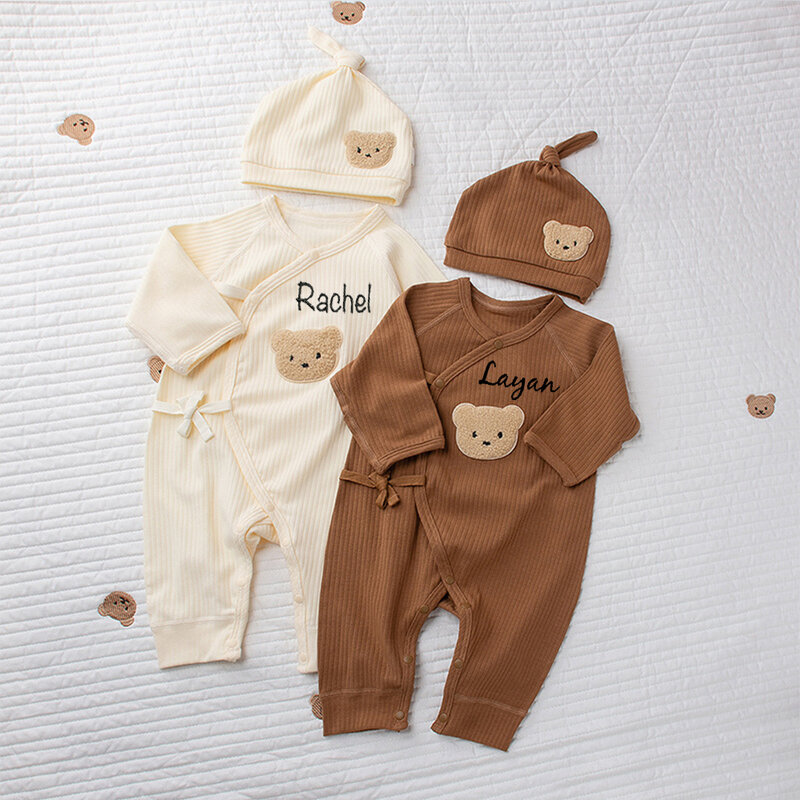 Custom Clothing For Boys And Girls Soft Long Sleeved Jumpsuits With Custom Names Embroidered Teddy Bear Newborn Bottomed Pajamas