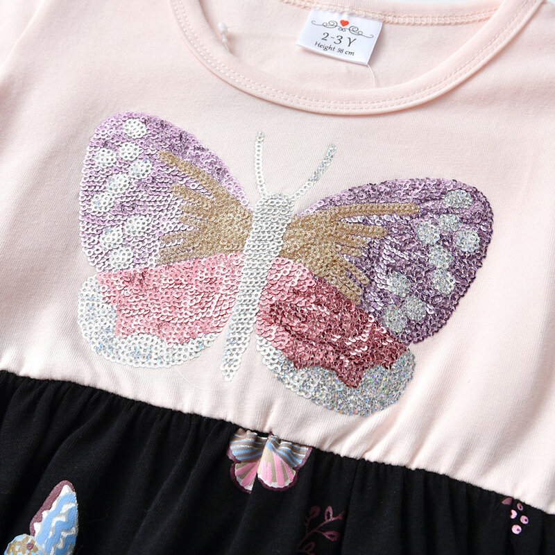 Gaun Anak-anak DXTON untuk Anak Perempuan Pakaian Katun Anak-anak Musim Semi Musim Gugur Gaun Kasual Gambar Cetak Kupu-kupu Anak Gaun Lengan Panjang