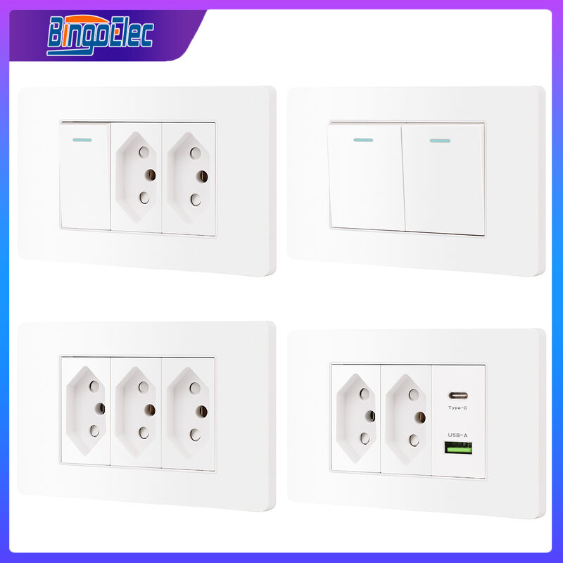 Bingoelec Wall Power Socket and Light Switch Dual USB TypeC Sockets 10A 20A Button Switches White PC Panel 118mm Brazil Standard
