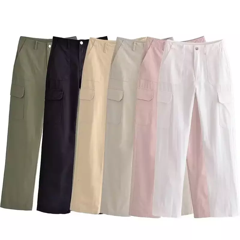 Kobiety 2023 nowa moda z klapką z kieszeniami proste spodnie Cargo Vintage wysoki stan na zamek błyskawiczny damskie spodnie Mujer
