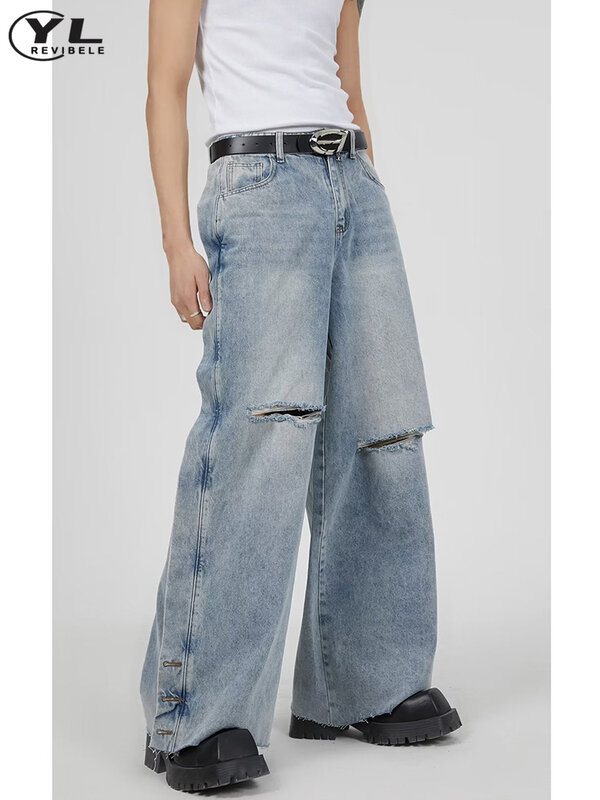 Blue Washed Hole Jeans Men American Simple Distressed Straight Loose Denim Pants Street Vintage Wide Leg Trousers Spring Summer
