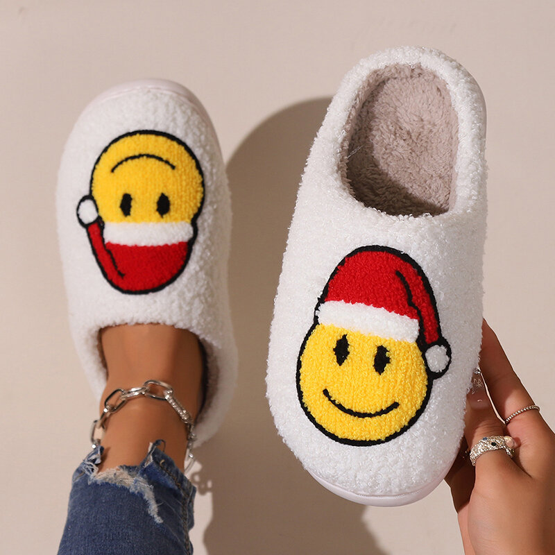 รองเท้าแตะคู่สไตล์คริสมาสต์หน้ายิ้มสำหรับผู้หญิง, รองเท้าแตะทำจากผ้าฝ้ายนุ่มฟูนุ่มสำหรับใส่ในบ้านฤดูหนาว2023ฤดูหนาว