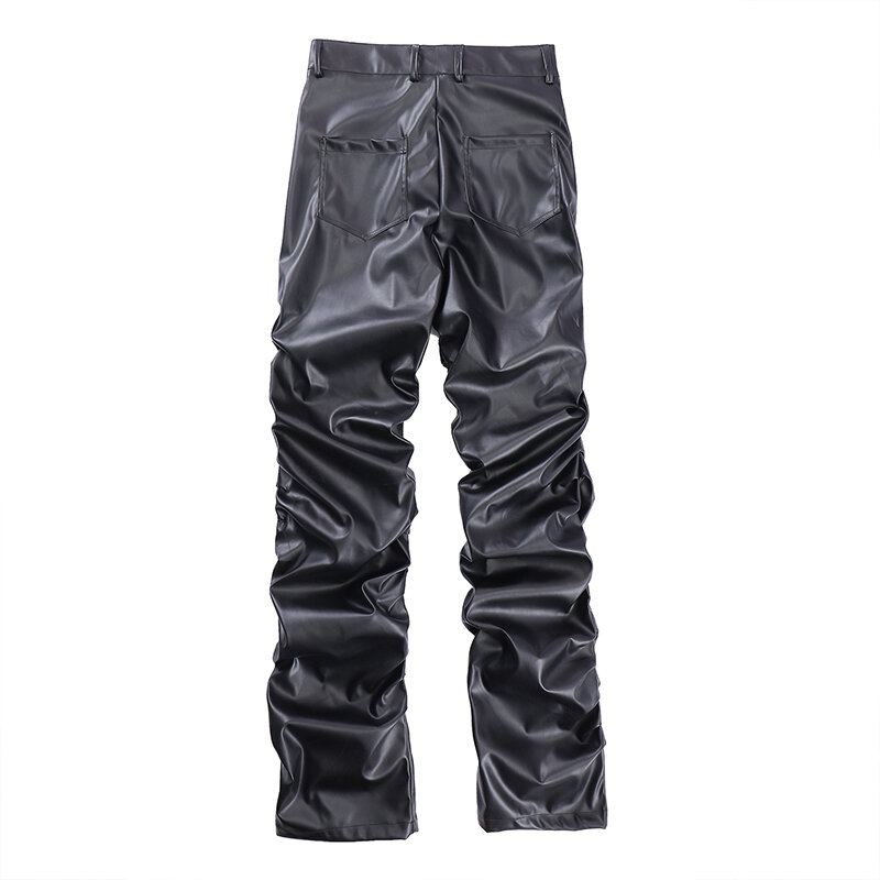Hip hop mens plissado calças de couro pu harajuku retro streetwear solto ruched calças casuais em linha reta cor sólida calças pretas