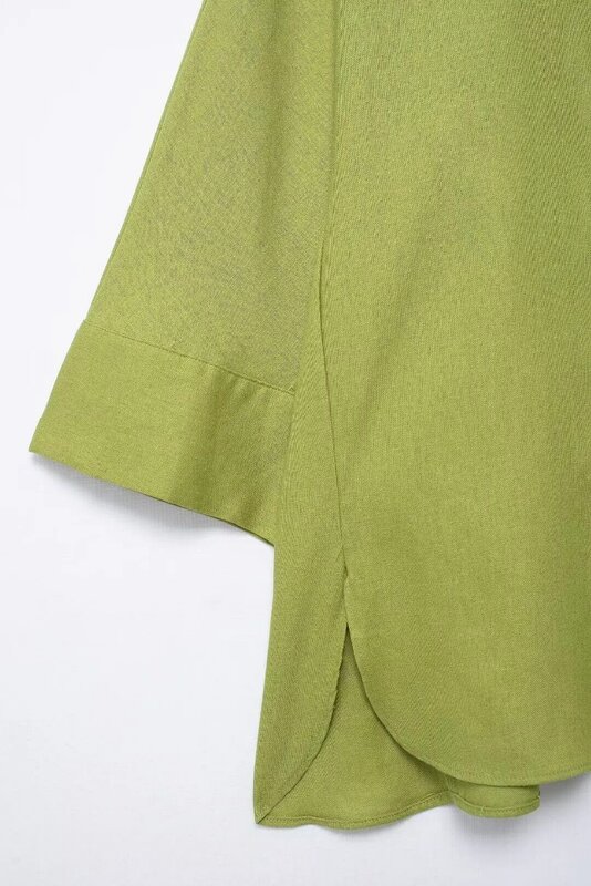 Women's 2024 New Fashion Side Split Design Loose Linen Blended Lapel Shirt Retro Long sleeved Button up Women's Shirt Chic Top