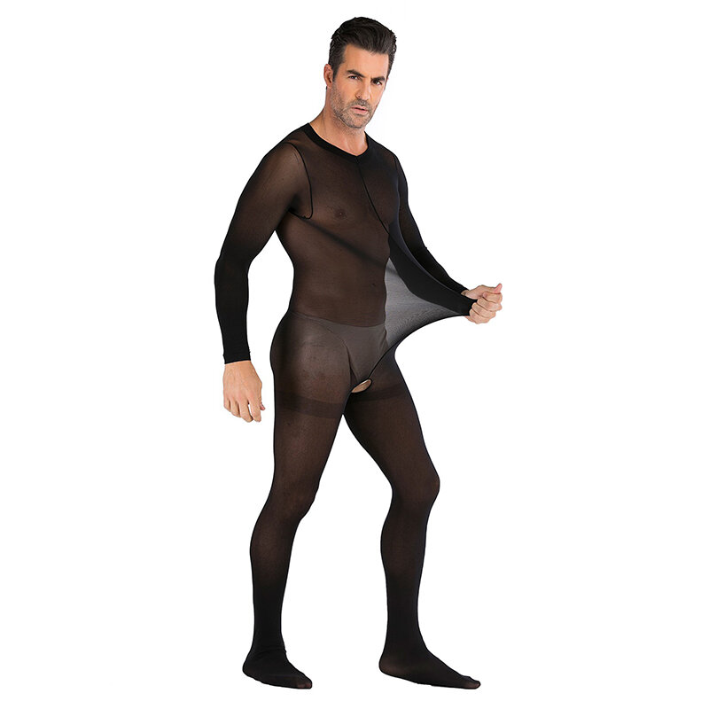 男性のセクシーな透明なハイストレッチオープンクロッチジャンプスーツ、ラウンドネック、単色、長袖、ディスコパジャマ、ボディスーツ、下着